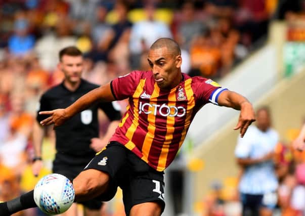 ON TARGET: James Vaughan levelled for Bradford City at Macclesfield Town. Picture: James Hardisty.