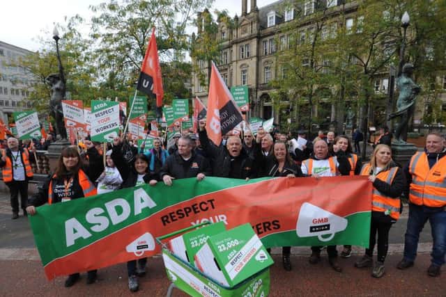 Asda workers protest in Leeds. Pic: Simon Hulme