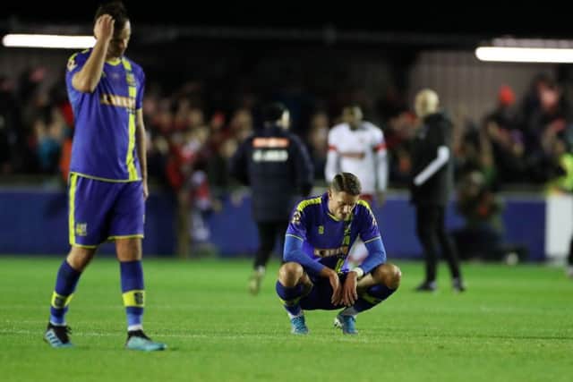 FLOORED: Solihull Moors' Jake Beesley looks dejected after losing out to Rotherham United in the FA Cup at Damson Park. Picture: Bradley Collyer/PA