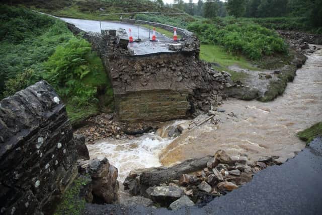 A collapsed bridge after the Yorkshire Dales was hit by flash floods this summer.
