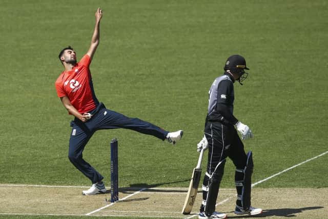 England's Saqib Mahmood bowls during game two of the T20 series between New Zealand and England in Wellington. Picture: Hagen Hopkins/Getty Images