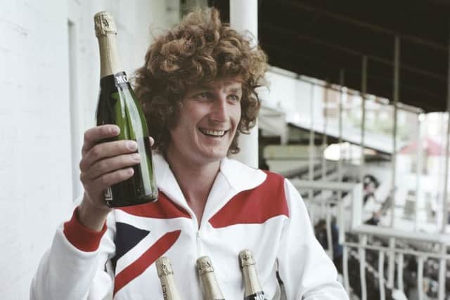 Bob Willis celebrates being the leading wicket-taker of the 1977 Ashes Test series with an armful of champagne at the end of the 5th Test match between England and Australia at The Oval. Picture: Allsport/Getty Images/Hulton Archive