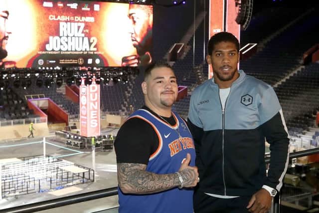 Andy Ruiz Jr (left) and Anthony Joshua as preparations are made to the Diriyah Arena in Riyadh, Saudi Arabia. (Picture: Nick Potts/PA Wire)
