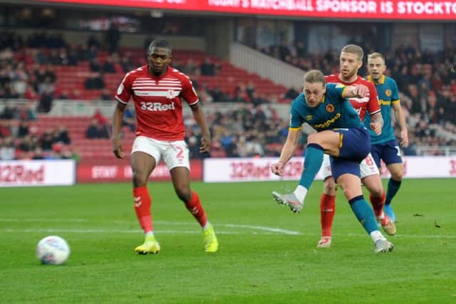 Tom Eaves drags his shot wide against Middlesbrough. (Picture: Tony Johnson)