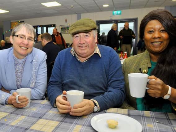 (left to right) Lead Chaplain Rev Dianne Gamble  with farmer Mautrice Duffield from Kilburn  and Yvonne  Bowling Auction Mart Chaplain in the Gavel cafe at Thrsk Auction Mart. Credit: Gary Longbottom