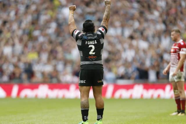 Hull FC's Mahe Fonua celebrates at the end of the Ladbrokes Challenge Cup Final at Wembley Stadium, London, August 26, 2017. (Picture: PA)