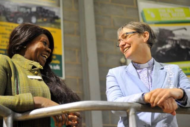 Yvonne  Bowling Thirsk Auction Mart Chaplain (left) with Lead Chaplain Rev Dianne Gamble  at Thirsk Auction Mart.