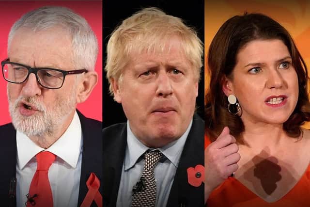 Jeremy Corbyn (left), Boris Johnson (centre) and Jo Swinson (right) today set out their election visions for Yorkshire.