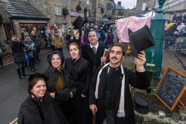 The Extraordinary Victorians entertaining the visitors to Grassington Dickensian Festival.