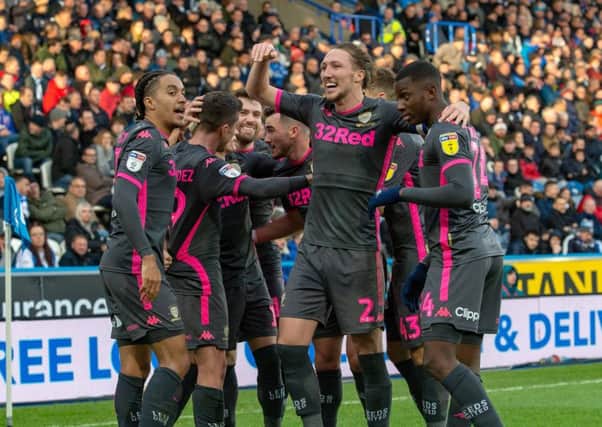 Game over: Leeds players celebrate their second goal from Pablo Hernandez. Picture: Bruce Rollinson