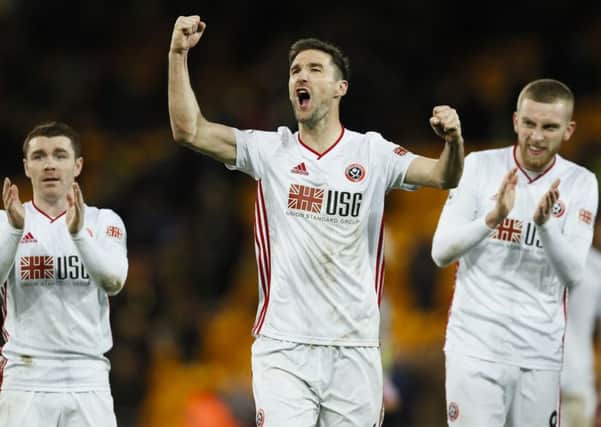 Chris Basham (c) of Sheffield United celebrates in front of the away fans. Picture: James Wilson/Sportimage