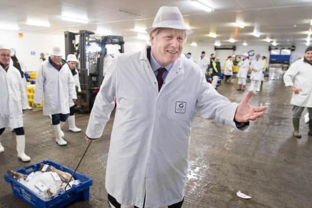 Prime Minister Boris Johnson holds a fish during a visit to Grimsby Fish Market, while on the General Election campaign trail. Photo: Stefan Rousseau/PA Wire