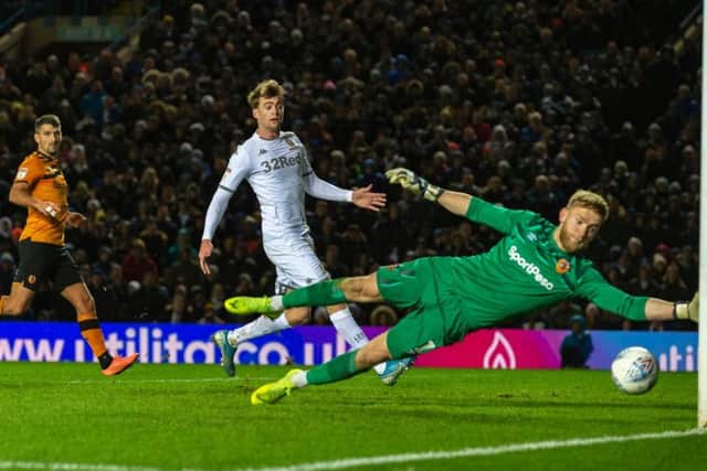 Hull City goalkeeper George Long is unable to keep out a deflection of Jordy de Wijs which put Leeds United 1-0 up