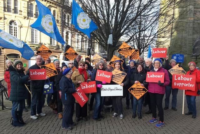 Labour and Lib Dem supporters met in Harrogate town centre at 12:30pm  to express their support for the #UnitedAgainstJohnson campaign.