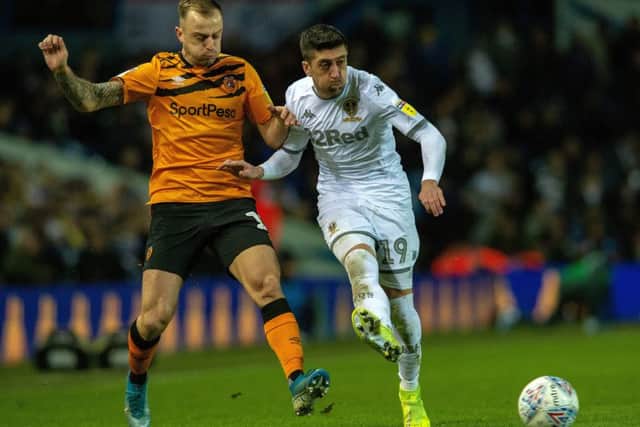 Pablo Hernandez clears from Kamil Grosicki. as Leeds United beat Hull City (Picture: Bruce Rollinson)