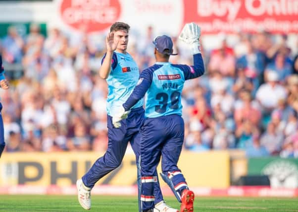 Yorkshire's Jordan Thompson celebrates dismissing Lancashire's Alex Davies during a T20 Blast clash at Headingley earlier this year. Picture: Allan McKenzie/SWpix.com