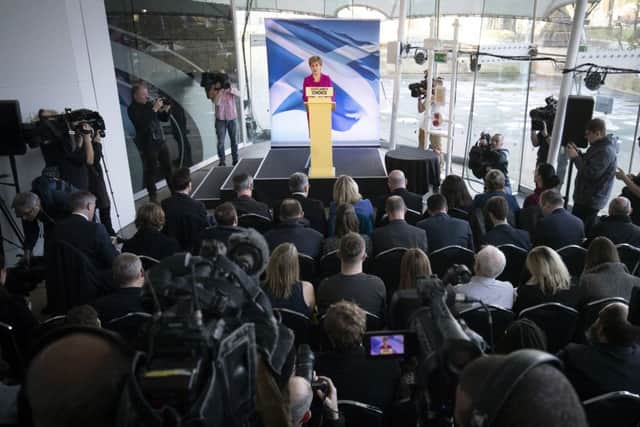 First Minister Nicola Sturgeon delivers a speech to the media at Dynamic Earth, Edinburgh, after the SNP won 47 seats