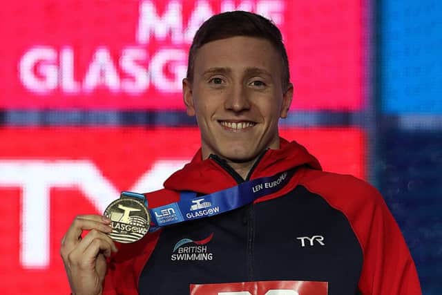 Max Litchfield of Great Britain is seen with his gold medal from the Men's 400m IM final during day two of the LEN European Short Course Swimming Championships at Tollcross International Swimming Centre on December 5, 2019 in Glasgow. (Picture: Ian MacNicol/Getty Images)
