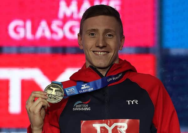 Max Litchfield of Great Britain is seen with his gold medal from the Men's 400m IM final during day two of the LEN European Short Course Swimming Championships at Tollcross International Swimming Centre on December 5, 2019 in Glasgow. (Picture: Ian MacNicol/Getty Images)