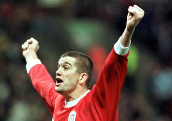 Match-winner: Dominic Matteo celebrates scoring Liverpool's second goal against Huddersfield during their FA Cup third round match at the Alfred McAlpine Stadium in Huddersfield on Sunday, December 12, 1999. Picture: Paul Barker
