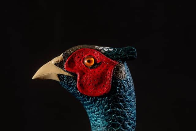 A carved head of a Cock Pheasant.