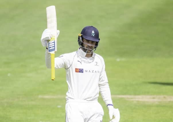 Yorkshire's WIll Fraine celebrates his maiden first class century against Surrey. (Picture: SWPix.com)