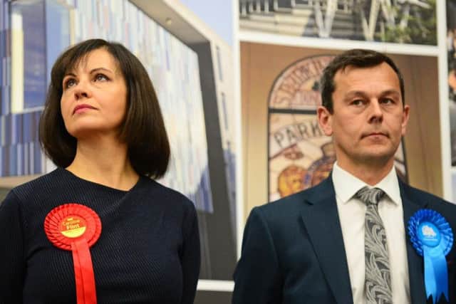 Labour's Caroline Flint at the count for Don Valley, alongside her victorious opponent, Tory Nick Fletcher. Pic: Marie Caley