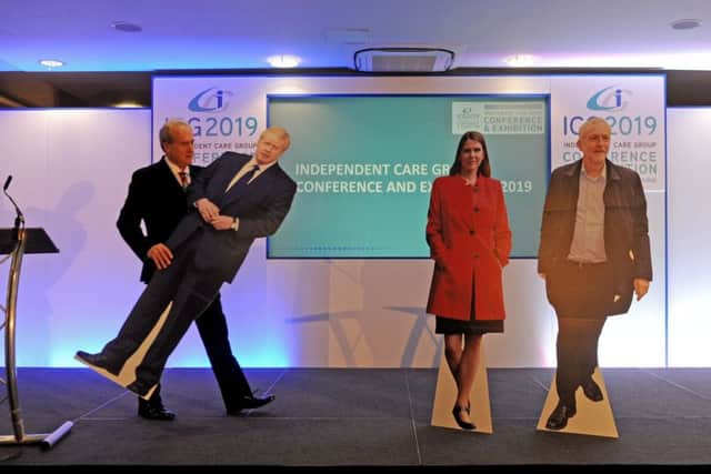Scarborough care campaigner Mike Padgham (left) used cardboard cutouts of Boris Johnson, Jo Swinson and Jeremy Corbyn during the election to illustrate their colllective inaction.