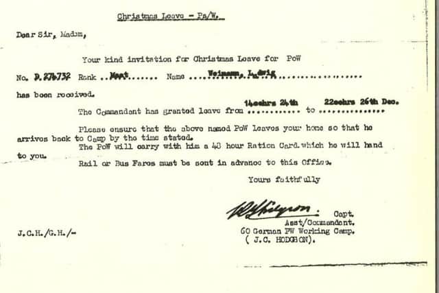 A document permitting leave for a POW to attend Christmas dinner at a local person's home.