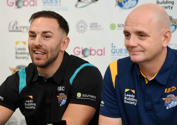 HELLO AGAIN: Luke Gale with Leeds Rhinos' head coach Richard Agar. on the day his signing was announced at Emerald Headingley. Picture: Jonathan Gawthorpe