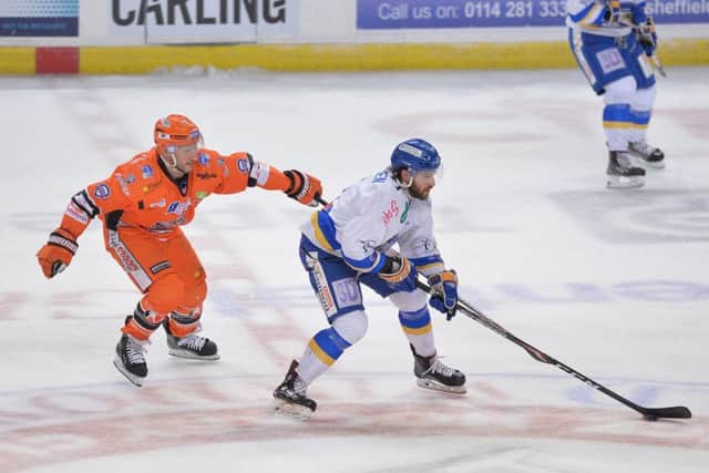 Sheffield Steelers' captain Jonathan Phillips, left, in action during the 6-2 win against Fife Flyers last weekend. Picture courtesy of Dean Woolley.