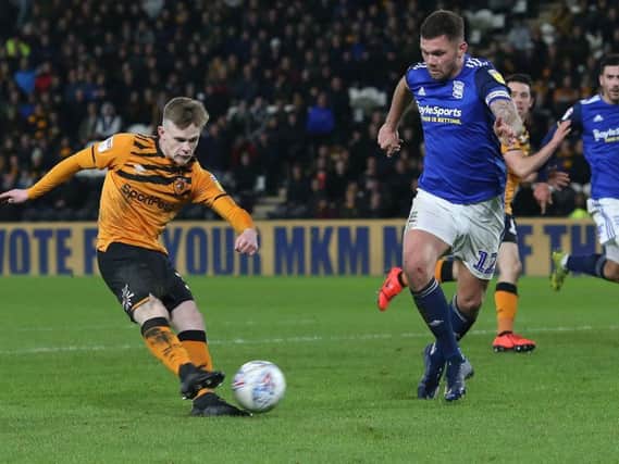 Keane Lewis-Potter fires home Hull City's third goal during Saturday's 3-0 win over Birmingham City. Picture: Getty Images