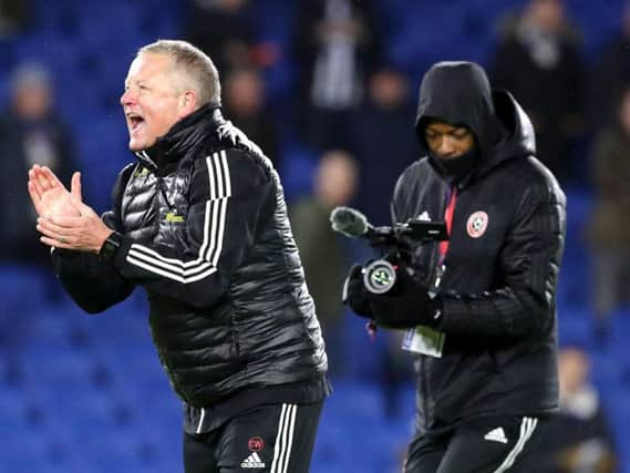 Sheffield United manager celebrates his team's victory at Brighton. Picture: PA