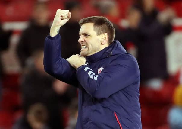 Middlesbrough manager Jonathan Woodgate celebrates at the final whistle on Friday night. Picture: Richard Sellers/PA