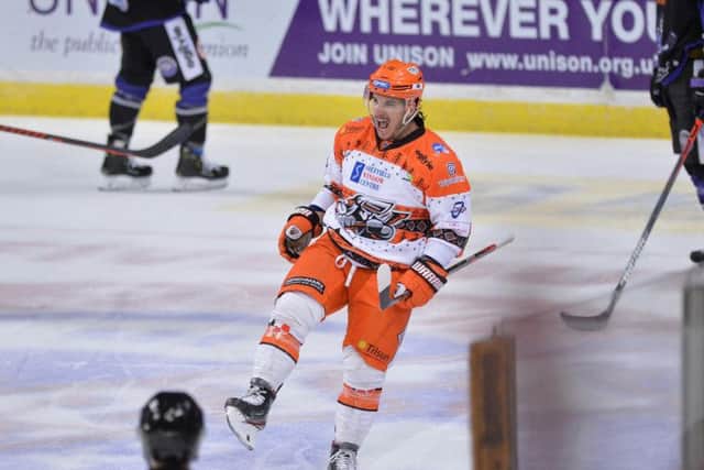Anthony DeLuca wheels away to celebrate scoring Sheffield Steelers' second goal against Glasgow on Sunday night. Picture courtesy of Dean Woolley.