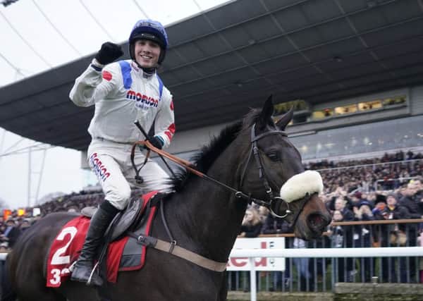 Hary Cobden celebrates the 2018 King George VI Chase of Clan Des Obeaux for trainer Paul Nicholls. This year he partners stablemate Cyrname.