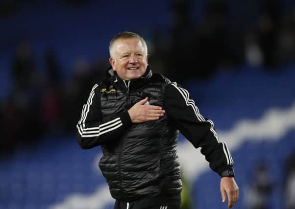 Chris Wilder manager of Sheffield Utd celebrates the win at Brighton on Saturday. Picture: Simon Bellis/Sportimage