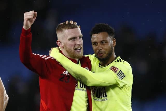 Sheffield United strikers Oli McBurnie and Lys Mousset celebrate the win over Brighton. Picture: Simon Bellis/Sportimage