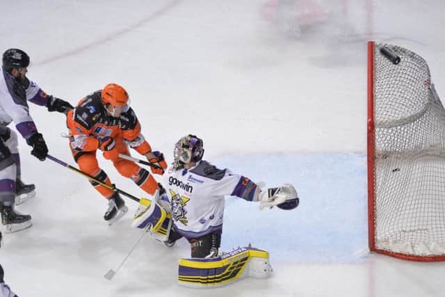 THING OF BEAUTY: Marc-Olivier Vallerand finishes off a sublime move involving Brendan Connolly, Anthony DeLuca and himself to make it 4-0 against Manchester Storm. Picture courtesy of Dean Woolley.