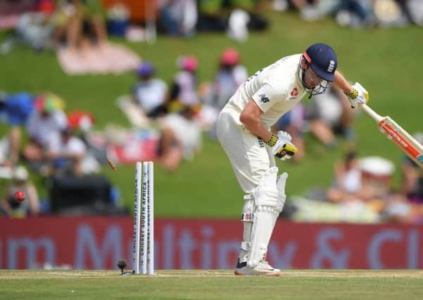 GOT HIM: England's Jonathan Bairstow is bowled by Anrich Nortje on day two in Pretoria. Picture: Stu Forster/Getty Images