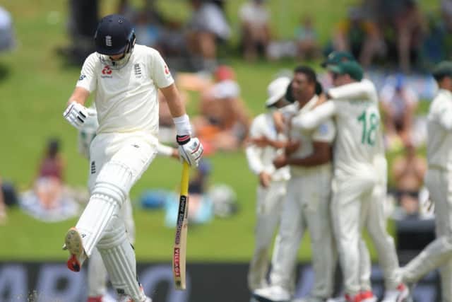 ON YOUR WAY: England captain Joe Root kicks the ground after being dismissed for 29 on day two in Pretoria. Picture: Stu Forster/Getty Images)