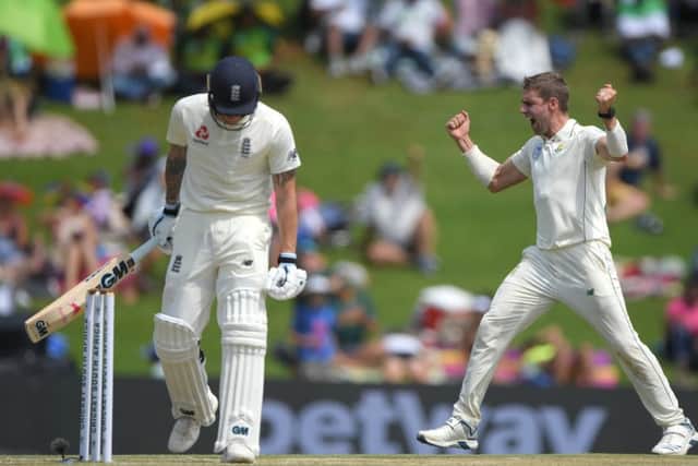 ON YOUR WAY: South Africa bowler Anrich Nortje celebrates after dismissing Ben Stokes on day two in Pretoria. Picture: Stu Forster/Getty Images