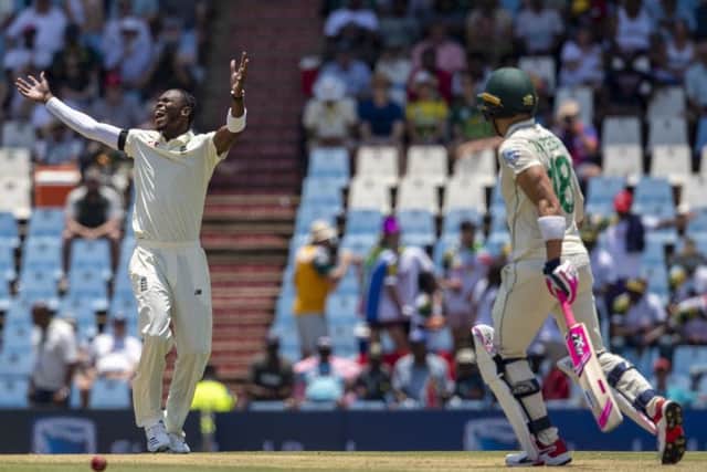 England's bowler Jofra Archer, left, appeals unsuccessfully for the wicket of South Africa's captain Faf du Plessis at Centurion Park. Picture: AP/Themba Hadebe