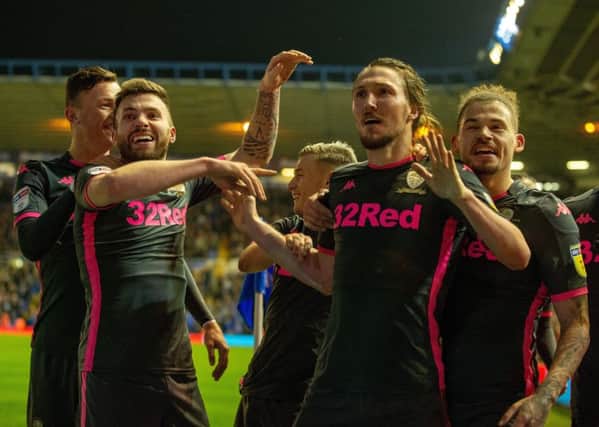 Leeds celebrate after Wes Harding's own goal give Leeds the win at Birmingham City. (Picture: Bruce Rollinson)
