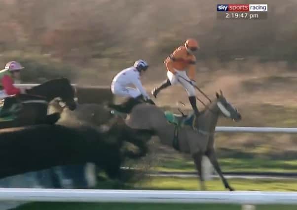 Sam Spinner's season-ending pelvic injury could have happened when he made this blunder at Doncaster - one that saw Joe Colliver miraculously stay in the saddle.