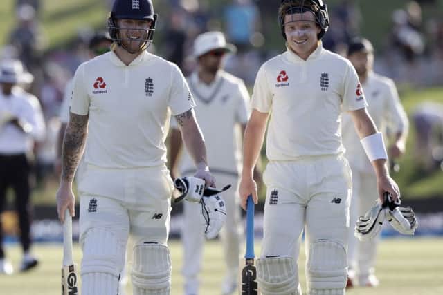 Not out England batsmen Ben Stokes left, and Ollie Pope, right, is expected to be called in for the second Test in Cape Town. Picture: AP/Mark Baker