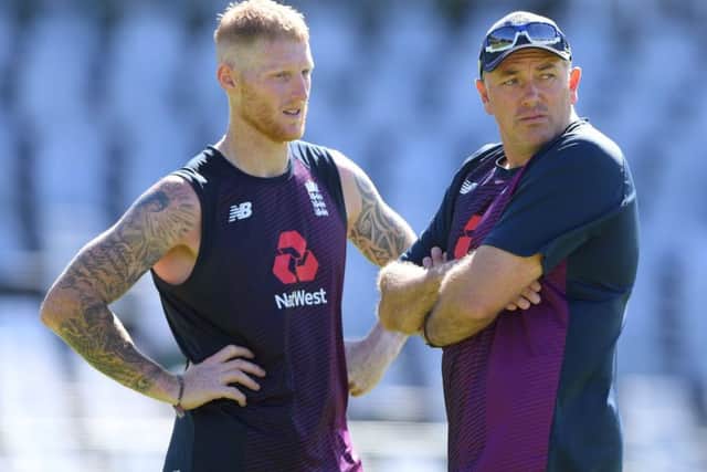 England's Ben Stokes chats with head coach Chris Silverwood during training at Newlands. Picture: Stu Forster/Getty Images