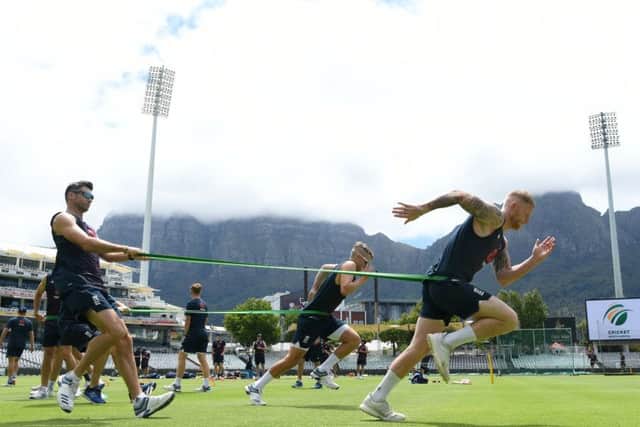 England's Ben Stokes in sprinting action in the shadow of Table Mountain during England training at Newlands. Picture: Stu Forster/Getty Images