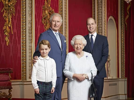 This new portrait of Queen Elizabeth II, the Prince of Wales, the Duke of Cambridge and Prince George has been released to mark the start of a new decade. Credit: Ranald Mackechnie