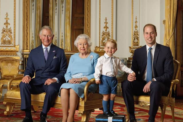 Photo released in 2016 of Prince George standing on foam blocks during a Royal Mail photoshoot for a stamp sheet to mark the 90th birthday of Queen Elizabeth II. Credit: Ranald Mackechnie